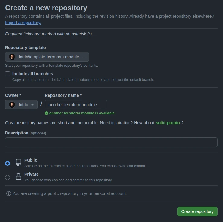 Screenshot: Creation of GitHub repository using a template
