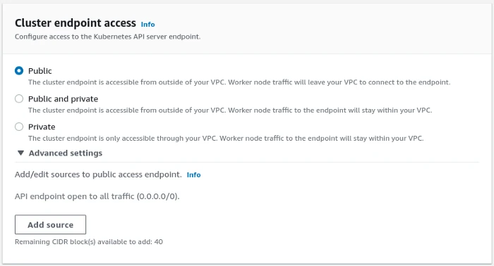 Screenshot: AWS Cluster endpoint access