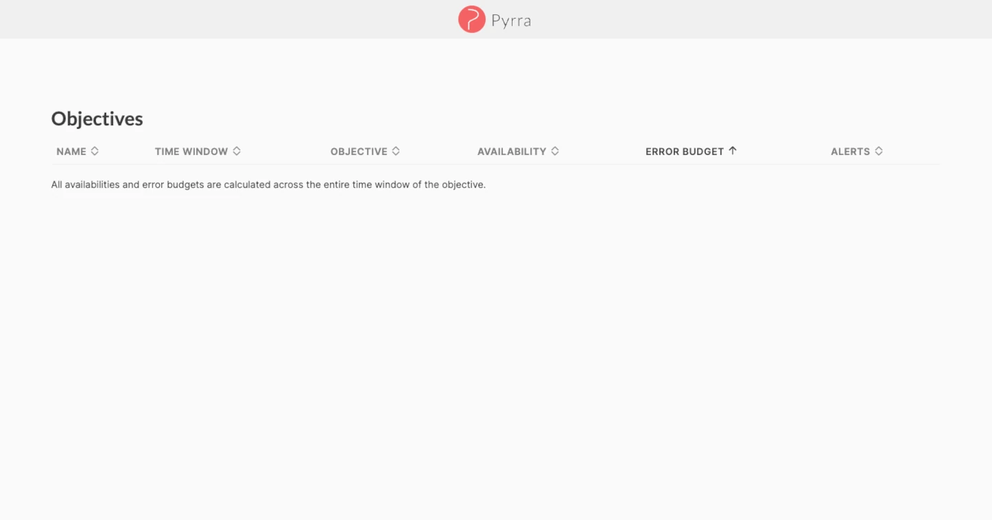 Screenshot: Pyrra&amp;rsquo;s UI is empty due to an error.